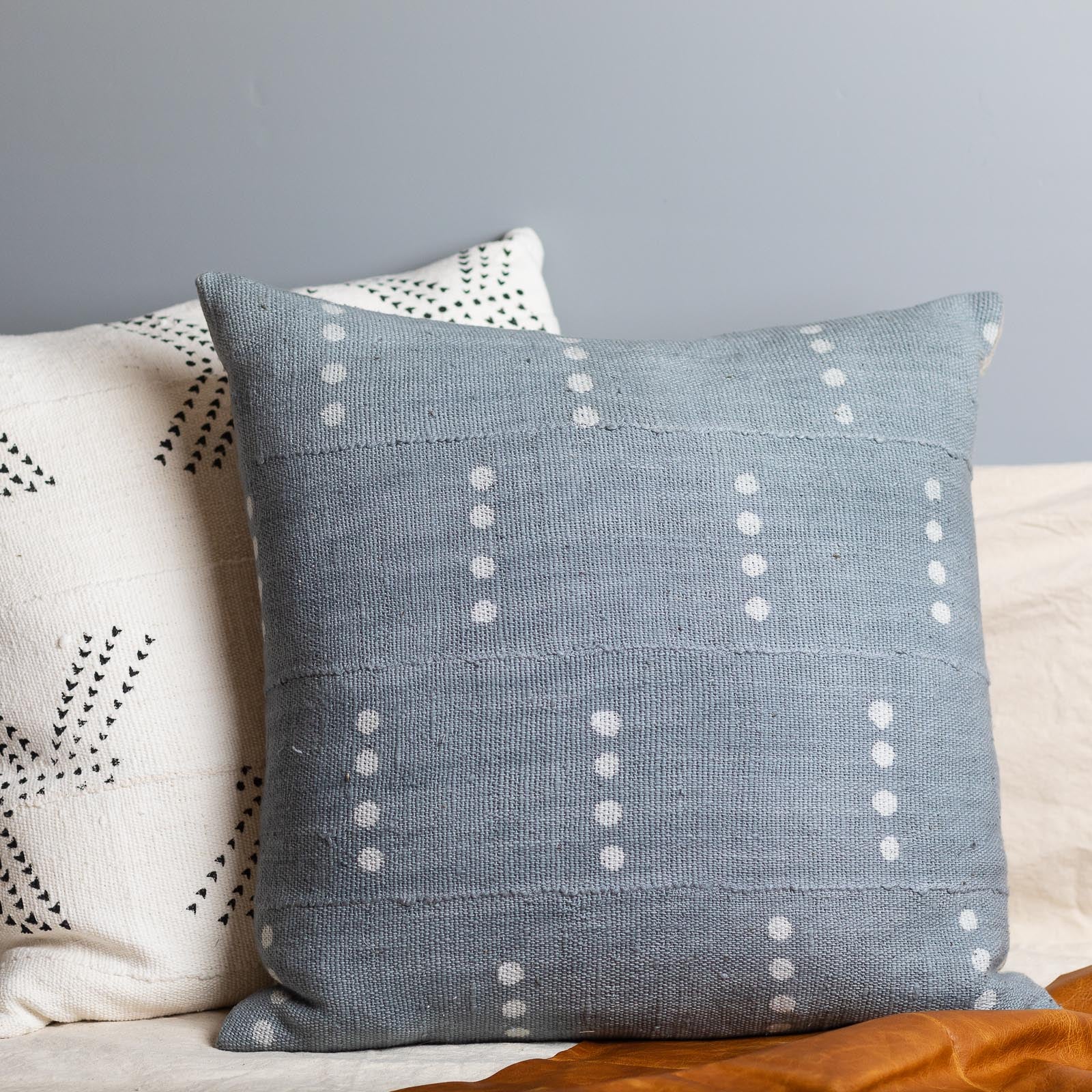 Mud Cloth Square Pillow, Blue / Grey with Dots - Image 4
