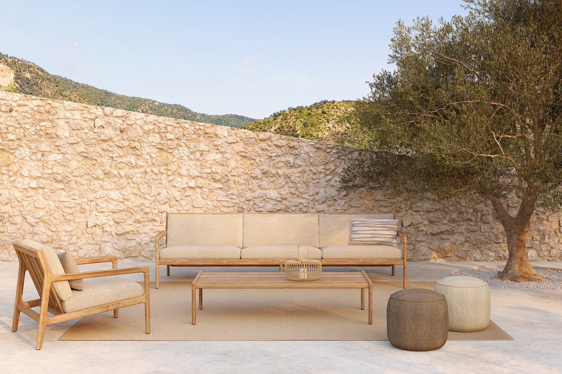 Jack Solid Teak Outdoor 3 Seater Sofa, Mocha Fabric - Image 3