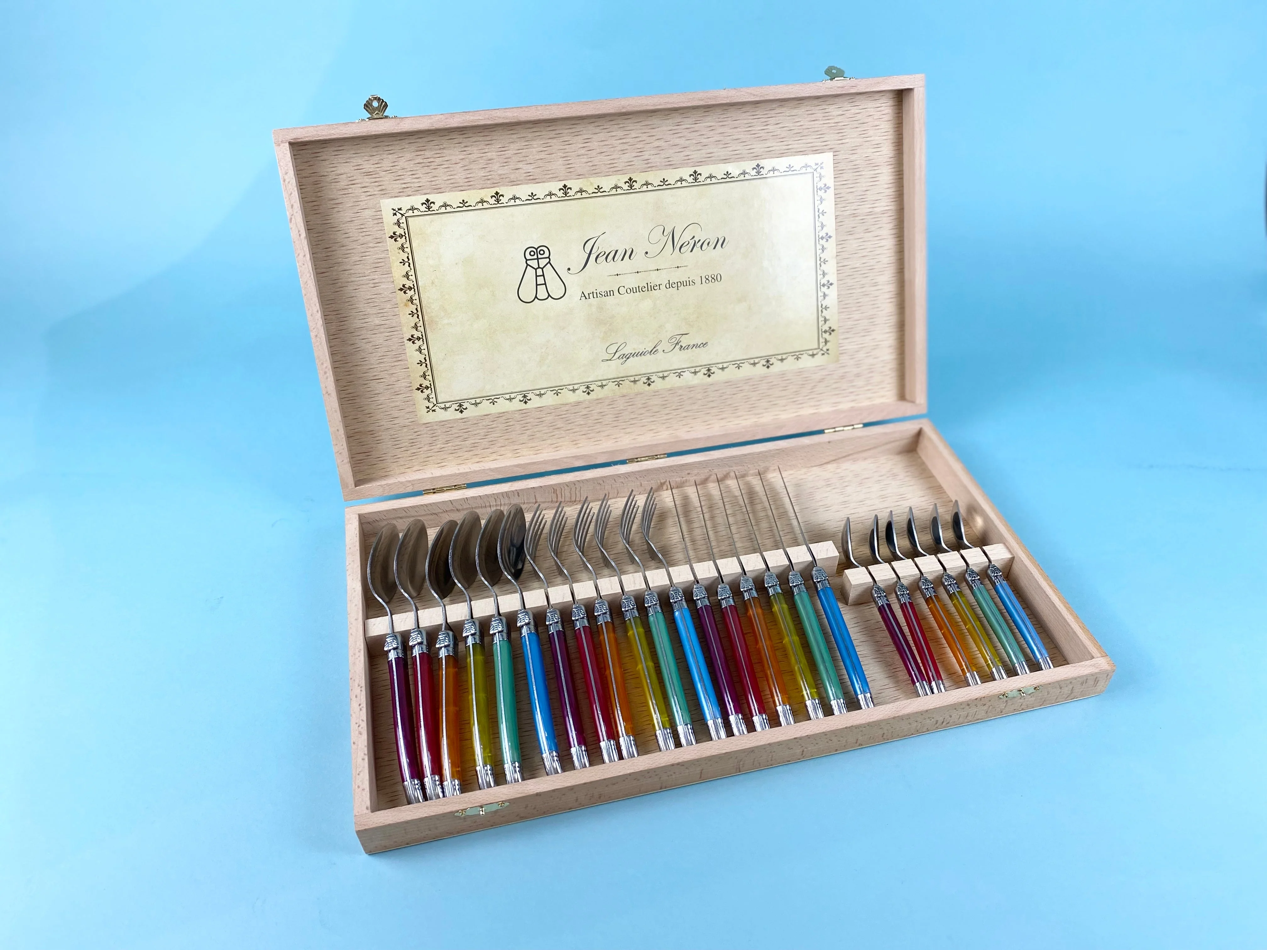 Laguiole 24 Piece Flatware Set, Rainbow in Wood Presentation Box - Image 3