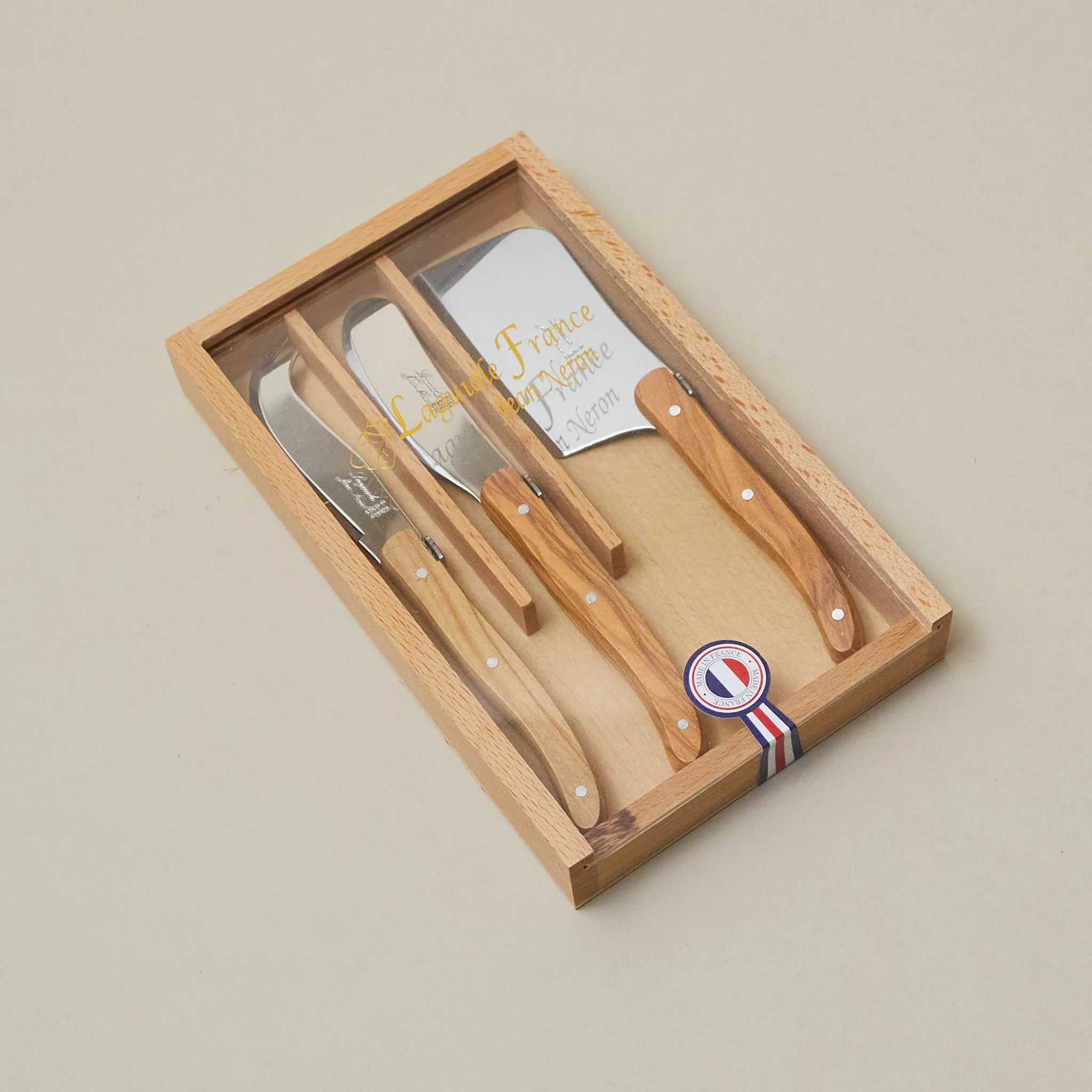 Laguiole 3 Piece Mini Cheese Utensil Set, Olivewood in Wood Box with Acrylic Lid