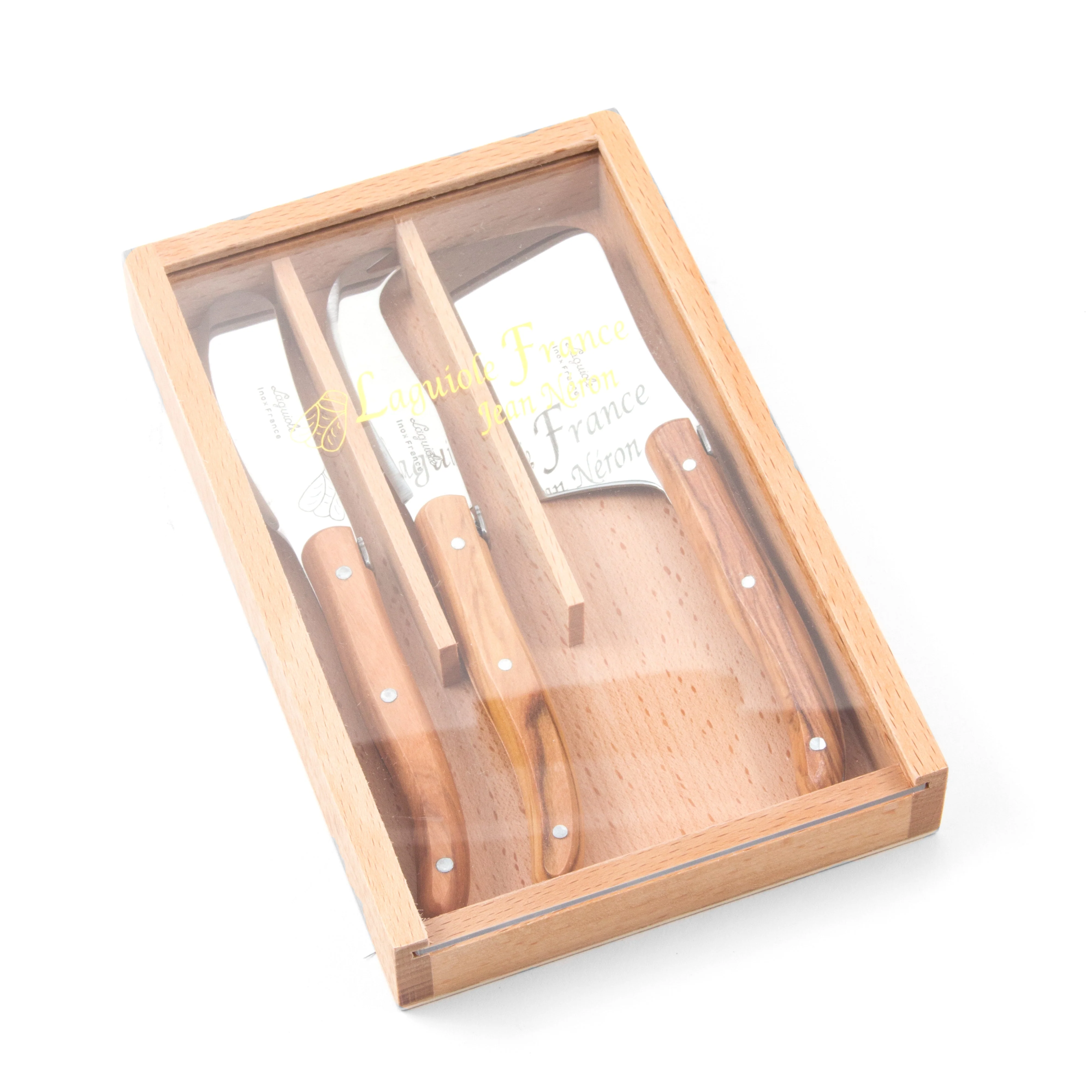 Laguiole 3 Piece Mini Cheese Utensil Set, Olivewood in Wood Box with Acrylic Lid - Image 2