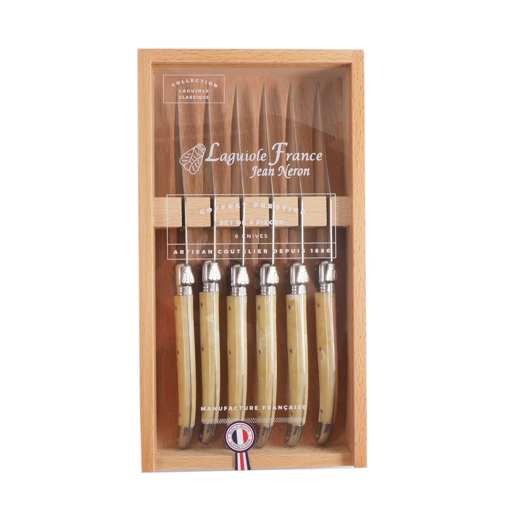 Laguiole 6 Piece Steak Knife Set, Pale Horn in Wood Box with Acrylic Lid - Image 3