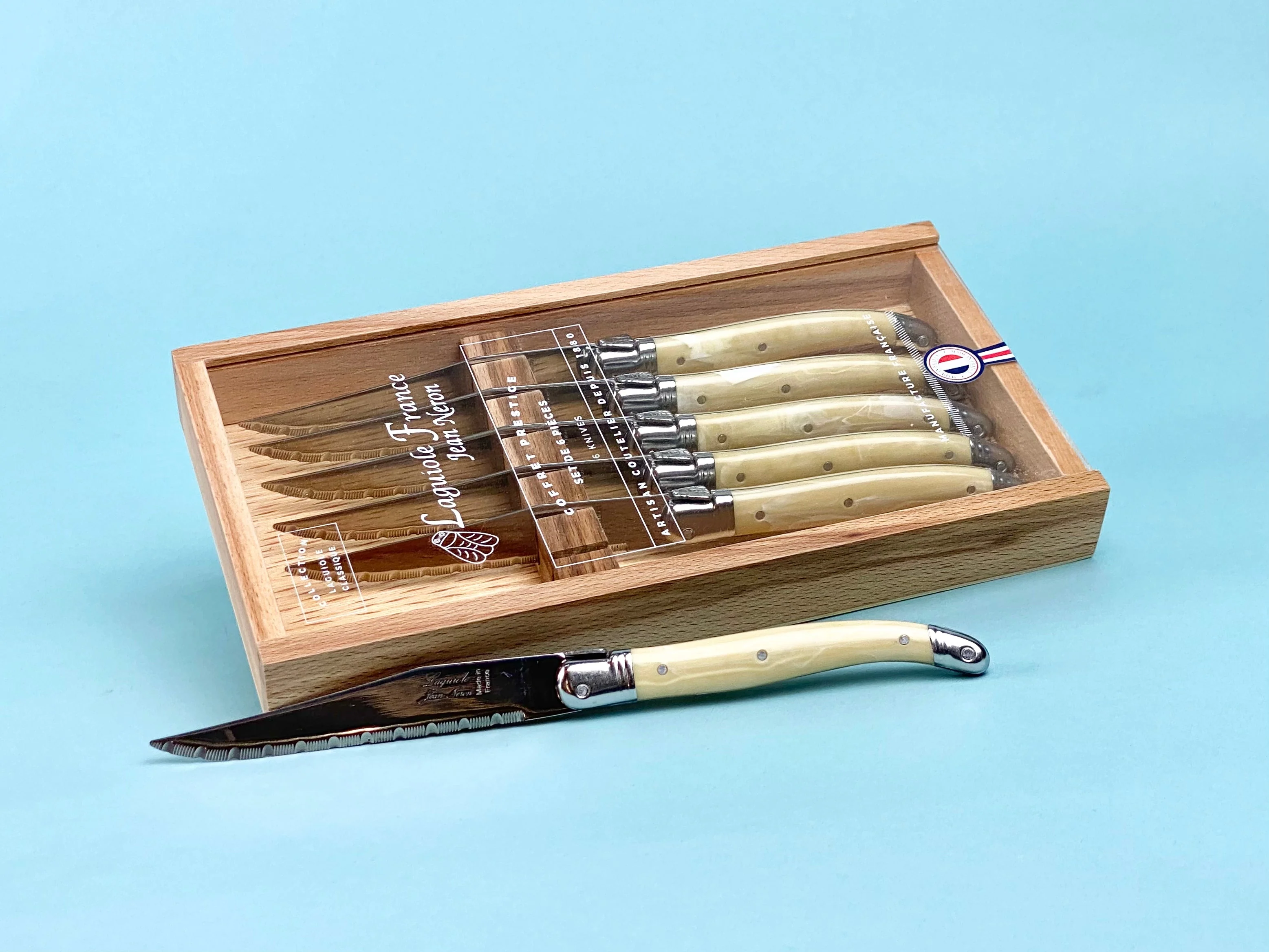Laguiole 6 Piece Steak Knife Set, Pale Horn in Wood Box with Acrylic Lid - Image 4