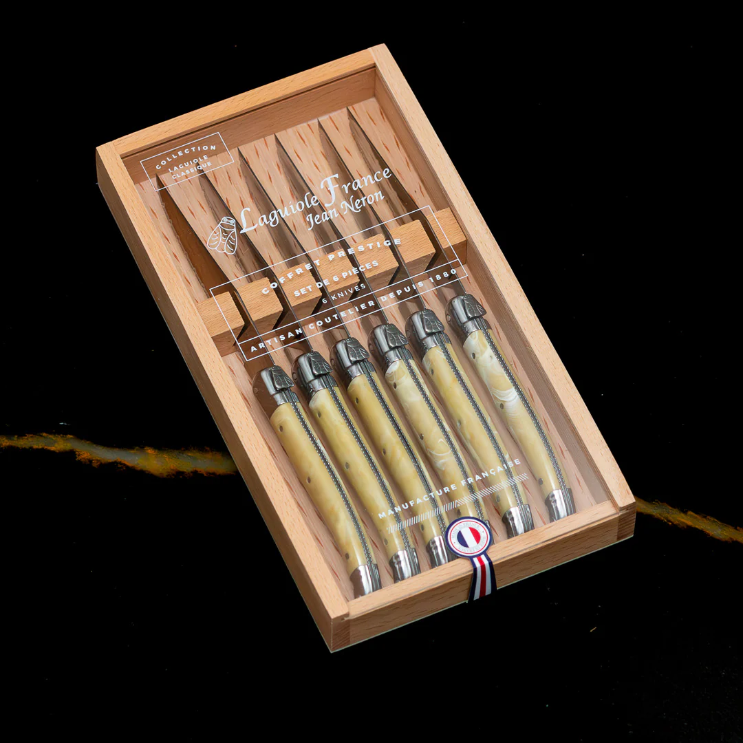 Laguiole 6 Piece Steak Knife Set, Platine Pale Horn in Wood Box with Acrylic Lid - Image 2