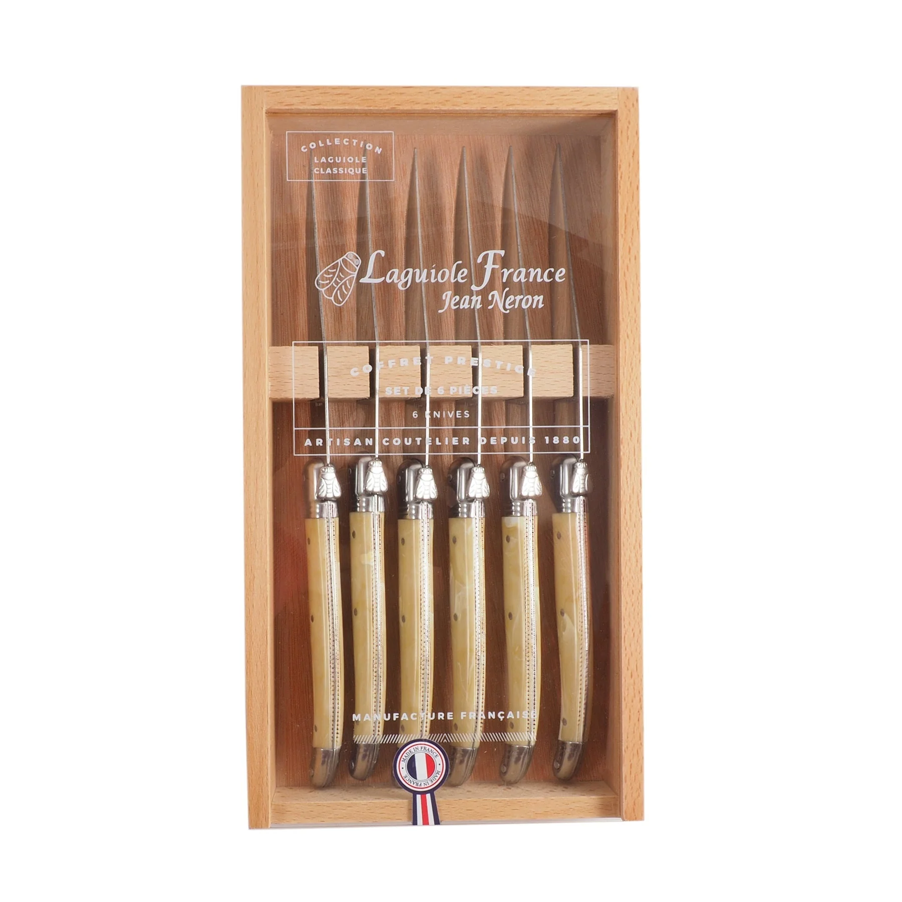 Laguiole 6 Piece Steak Knife Set, Platine Pale Horn in Wood Box with Acrylic Lid - Image 3