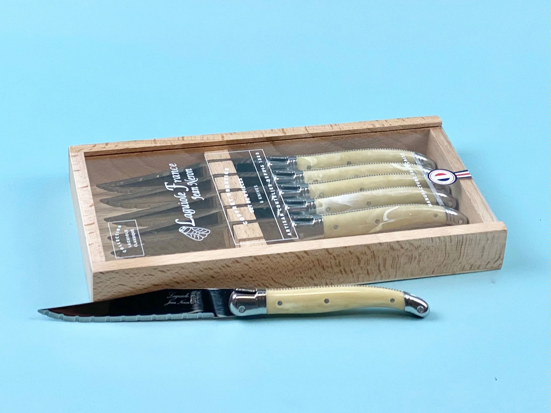 Laguiole 6 Piece Steak Knife Set, Platine Pale Horn in Wood Box with Acrylic Lid - Image 4