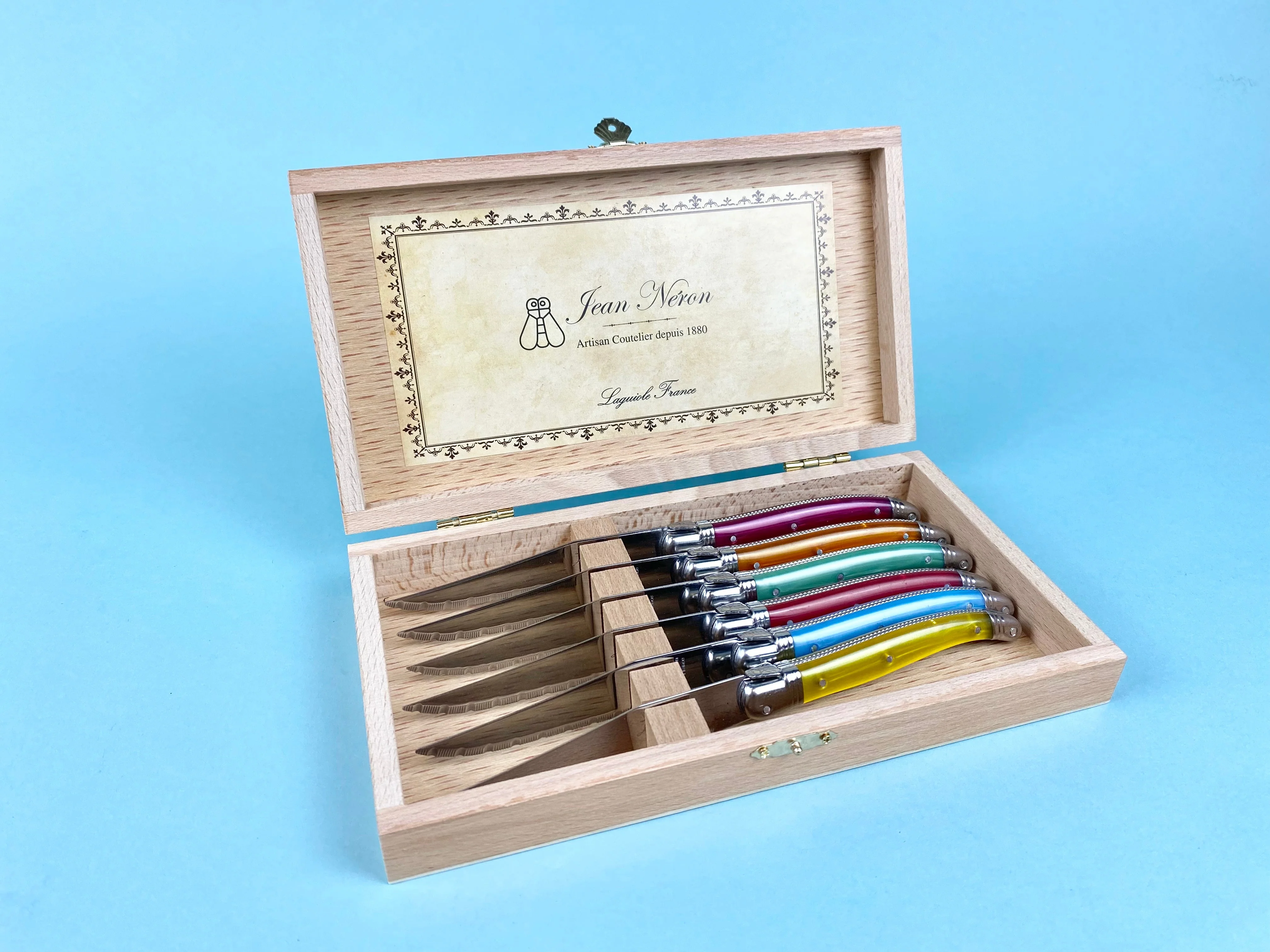 Laguiole 6 Piece Steak Knife Set, Platine Rainbow in Wood Presenation Box - Image 4