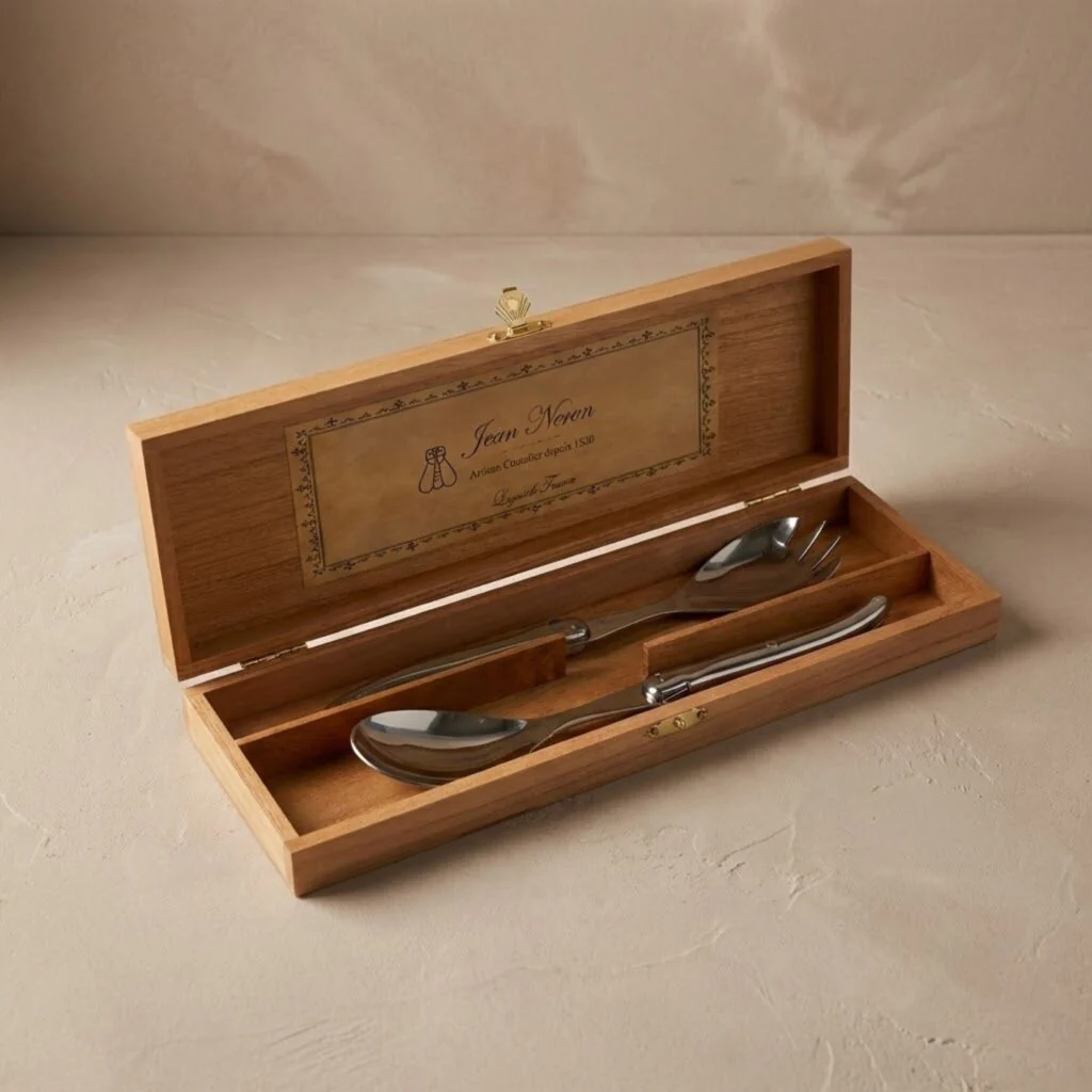 Laguiole Salad Serving Set, Platine Stainless Steel in wooden box - Image 2