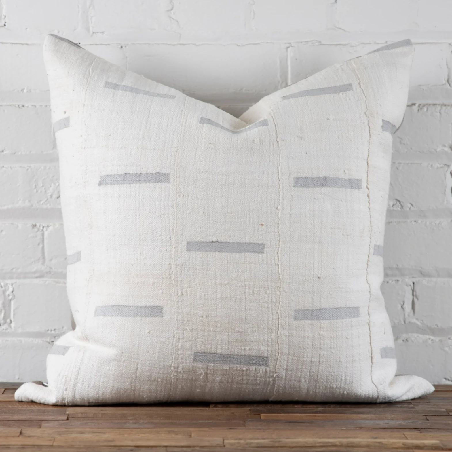 Mud Cloth Square Pillow, White with Grey Dashes